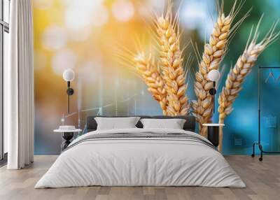 Two wheat plants beside financial graphs, symbolizing the intersection of agriculture and economics, ideal for agricultural investors. Wall mural