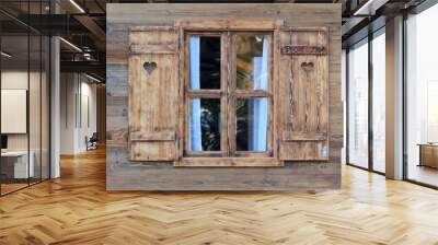 Window of a wooden hut with hearts in the blinds Wall mural