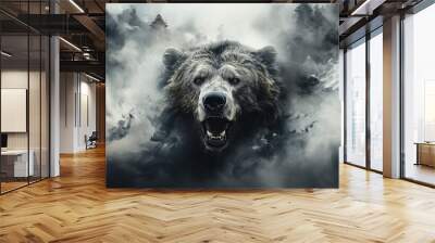 The contours of a bear face in the mist. Mist texture. Paint water mix. Gray glowing fog cloud wave abstract art background with free space. Wall mural