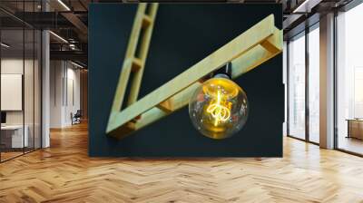 Retro light bulb. Light bulb filament in a modern cafe. Lighting decoration. Wall mural