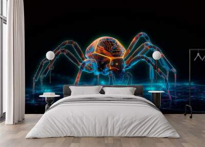 Cyberspider on digital glowing web background. Purple 3d techno insect with yellow force field creates glowing generative AI network to protect and hack system Wall mural