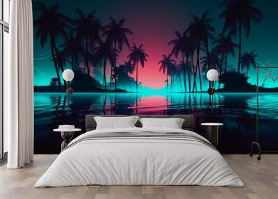 Neon seashore with palm trees and lightning background. Night purple island with ocean waves and reflection of trees and pink sunset path Wall mural