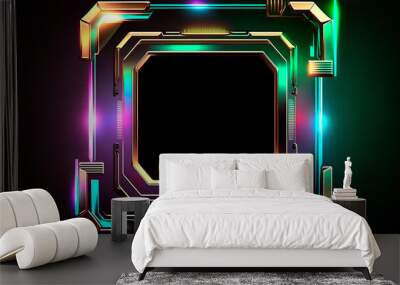 Square cyber frame with neon highlights background. Glowing techno lines and 3d digital circuit stripes in futuristic electro cyberpunk design Wall mural