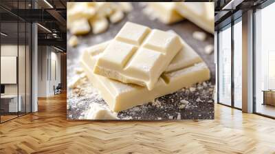 Artistic shot of white chocolate bar pieces stacked with peanuts surrounded by a few scattered peanuts, realistic photo Wall mural