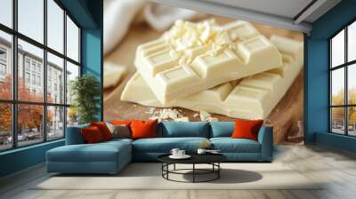 Artistic shot of white chocolate bar pieces stacked with peanuts surrounded by a few scattered peanuts, realistic photo Wall mural