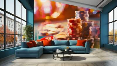 Bright poker chips on a poker table Wall mural