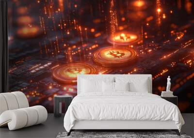 Cryptocurrency glowing Bitcoin coins with binary matrix code Wall mural