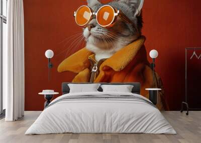 Portrait of a cute cat wearing fashionable lounge coat and sunglasses, animal in clothing Wall mural