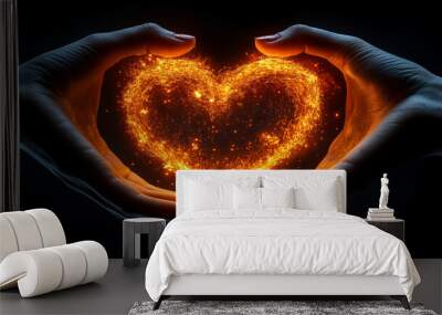 Two hands form the shape of a heart, creating the effect of a shining heart inside them. This imagesymbolizes love, care and connection between people Wall mural