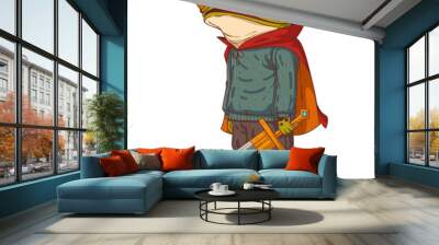 A Prince Frog, isolated vector illustration. Young casually dressed anthropomorphic frog wearing a red cape and holding a massive sword. A fairytale frog knight. An animal character with a human body. Wall mural