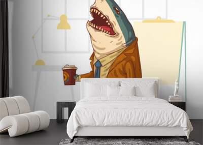 Shark of the business, vector illustration. Office employee anthropomorphic shark, standing in the middle of the office holding a cup of coffee. Coffee break. Animal character with human body. Furry. Wall mural