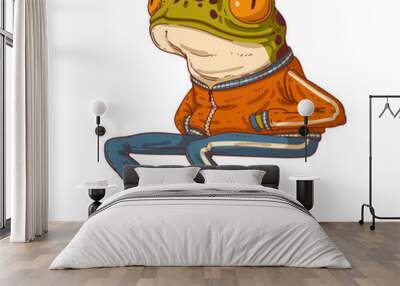 Urban frog guy, vector illustration. A calm anthropomorphic frog sitting with his hands in pockets and observing what is happening. A humanized hipster toad. An animal character with a human body. Wall mural