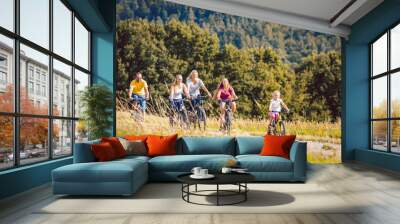 Family riding their bicycles on afternoon in the summer countryside Wall mural