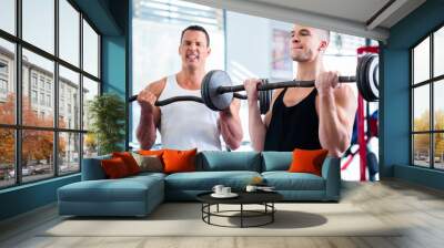 Friends lifting weights for sport in fitness gym Wall mural