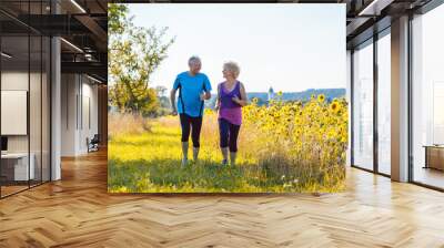 Full length rear view of two healthy senior people jogging on a country road against clear blue sky in summer Wall mural