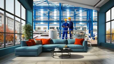 Workers in large metal workshop checking work Wall mural