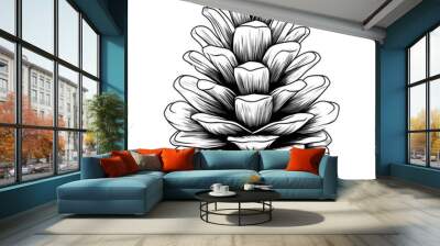 An intricate black and white linear SVG illustration of an autumn pine cone. Suitable for fall or woodland-themed designs, this vector graphic emphasizes sharp lines and minimalistic detail. Wall mural