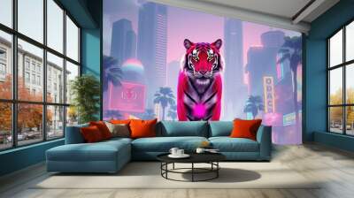 A foreground pink tiger in an 80s urban landscape, with palm trees and retro-style geometries Wall mural