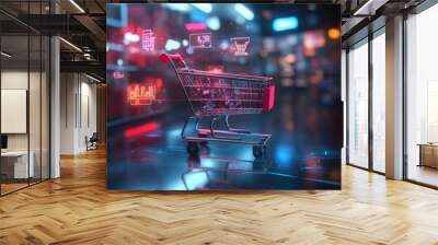 A shopping cart with a digital interface, surrounded by floating holographic product displays Wall mural