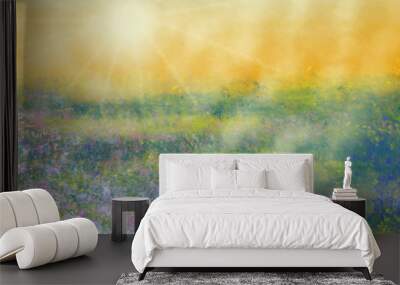 Colorful hand drawn abstract view of field with flowers on yellow watercolor background as sun light, cartoon illustration of spring landscape view painted by watercolor and pastel chalk, high quality Wall mural