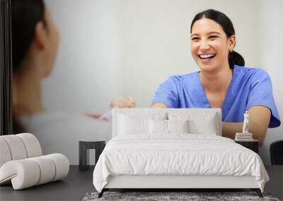 Documents, happy and a nurse helping a patient in the hospital during an appointment or checkup. Insurance form, smile and a medical assistant at a health clinic to help with check in or sign up Wall mural