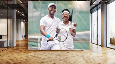 Friends, tennis and happy smile, fitness and racket after sport training, workout and practice at outdoor. Black man, woman and athlete couple, happiness and sports practice on tennis court together Wall mural