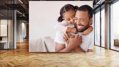 Kid hugging dad in lounge for happy fathers day, love and care while relaxing, bonding and funny play at home. Mockup with excited girl child, smile parent man and laughing family happiness together Wall mural