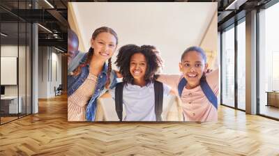 School, circle and children portrait for group support, learning and education with diversity friends outdoor. Happy, back to school and knowledge of students or kids with backpack hug together Wall mural