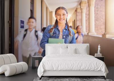 School, hallway and portrait of girl with smile, books and backpack for future learning. Education, happiness and knowledge, happy young student outside classroom with kids running to class in USA. Wall mural