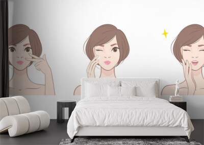 Beautiful Japanese woman with clean fresh skin. Beauty Skin Care. Happy Woman Applying Cosmetic Cream On Clean Face. Vector illustration Wall mural