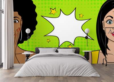 Template advertising poster in the style of pop art. Two surprised people. African woman and European girl. Vector illustration Wall mural