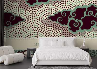 2 japanese style seamless patterns, clouds floating above a dotted background in green Wall mural