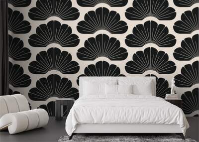 asian seamless pattern with stylized pine trees ivory black Wall mural