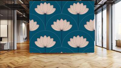 asian style lotus flower seamless pattern in blue ivory brown Wall mural