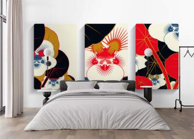 cards set with jungle flowers in gold red shades Wall mural