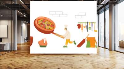 Chef cooks are cooking food, dish on kitchen in restaurant. Funny men and women making soup, pizza, dough. Set dinner preparation process cookers work. Vector illustration isolated on background. EPS Wall mural