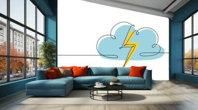 Storm, lightning and cloud - hand drawing one single continuous line banner. Vector stock illustration isolated on white background for design template weather forecast, travel blog. Editable stroke. Wall mural