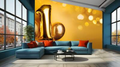 Banner with number 1 golden balloons with copy space. One years anniversary celebration concept on a yellow background with shiny bokeh.
 Wall mural