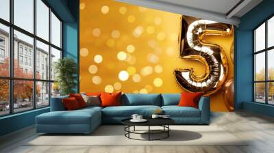 Banner with number 4 golden balloons with copy space. Four years anniversary celebration concept on a yellow background with shiny bokeh. Wall mural