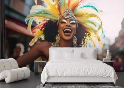 Cheerful black woman has fun on Mardi Gras street carnival while wearing a costume Wall mural