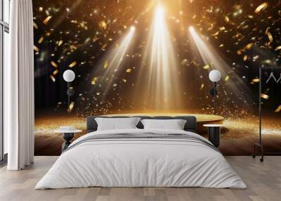 golden confetti rain on festive stage with light beam in the middle, empty room at night mockup with copy space for award ceremony, jubilee, New Year's party or product presentations Wall mural