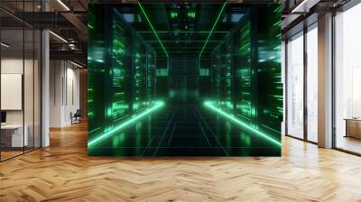 high tech servers with neon green lights in a dark room Wall mural