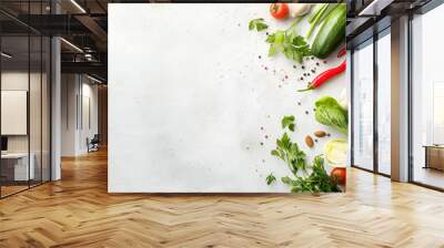 On a white monotone background on the right side are vegetables, on the left side to the center nothing is displayed only white background Wall mural