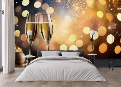 Two glasses of champagne with glitter lights bokeh background
 Wall mural