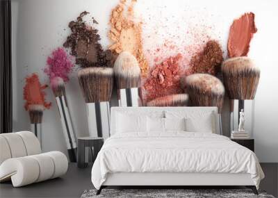 Creative concept beauty fashion photo of cosmetic product make up brushes kit with smashed lipstick eyeshadow on white background. Wall mural