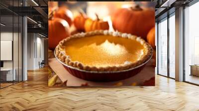 Creative concept photo of pumpkin pie with cream and autumn decorations thanksgiving day holiday celebration. Wall mural