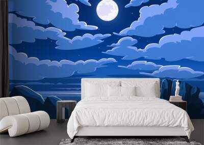 Sea ocean scenery at night with full moon and cloud background vector illustration Wall mural