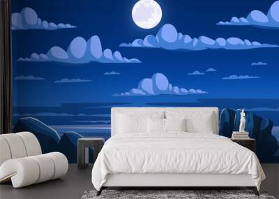 Sea ocean scenery at night with full moon and cloud background vector illustration Wall mural