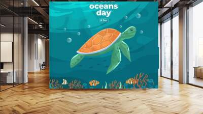 World oceans day 8 June. Save our ocean. Sea turtle and fish were swimming underwater with beautiful coral and seaweed background vector illustration.  Wall mural