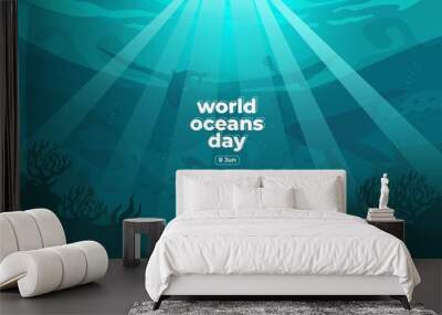 World oceans day 8 June. Save our ocean. Silhouette fish were swimming underwater with beautiful coral and seaweed background vector illustration.  Wall mural